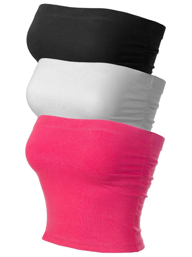 MixMatchy Women's Solid Casual Summer Side Shirring Scrunched Double Layered Tube Top 3PACK - Black/White/Hot Pink L - Image 1